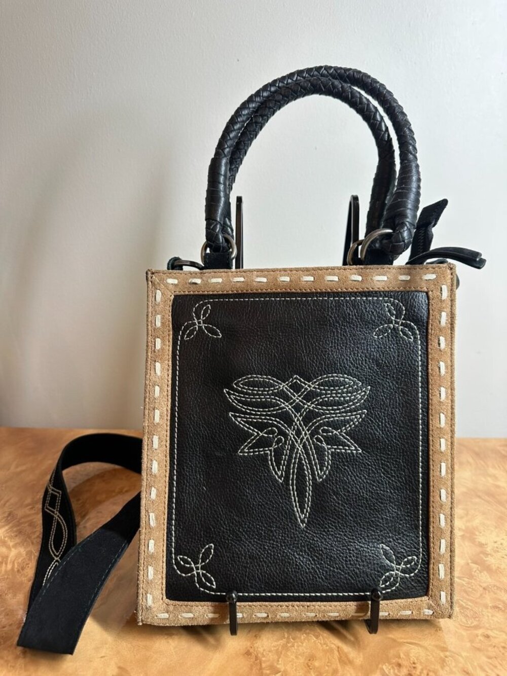 Idyllwind Black Leather & Suede Western Crossbody Tote Bag Embroidered Strap